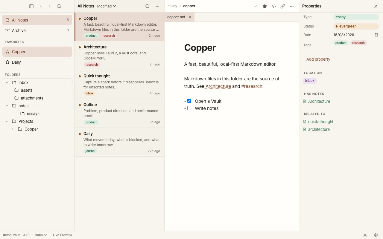 Copper's real editor: a folder of notes on the left, Markdown writing in the center, and note properties on the right