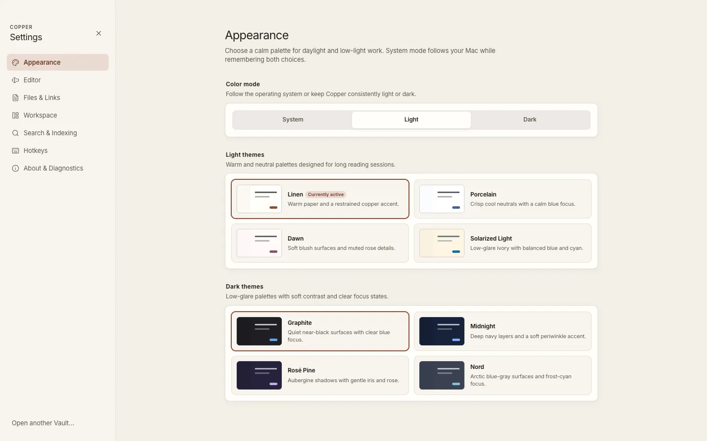 Copper Appearance settings showing its light and dark theme palettes